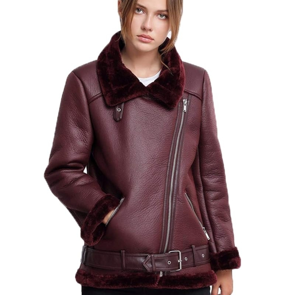 Burgundy Shearling Moto Aviator Jacket Medium